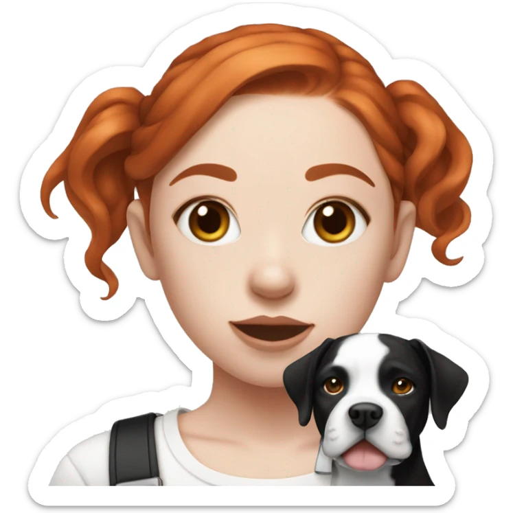 Red haired girl with septum piercing holding black and white English Staffordshire dog sticker