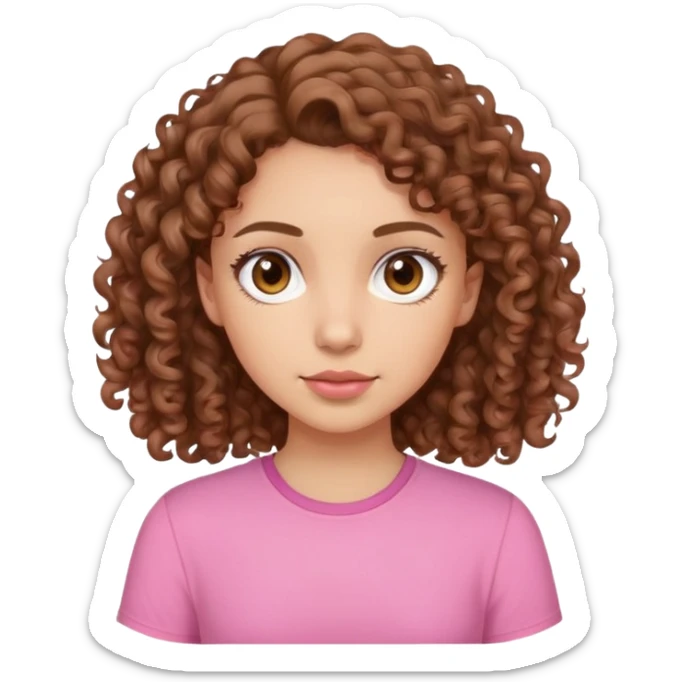 light-skinned girl with shoulder-lenght brown curly hair, brown eyes and pink shirt sticker