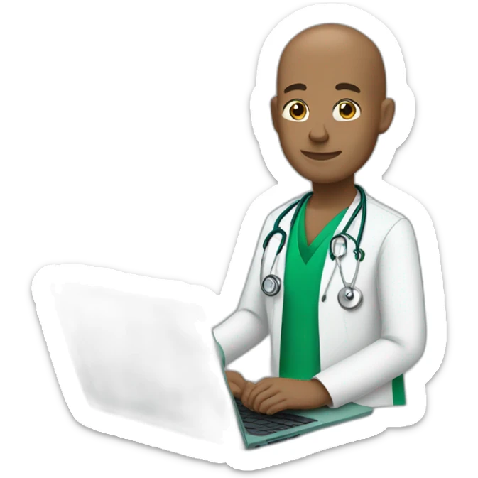 a bald doctor with light brown skin in green scrubs and no stethoscope sitting in front of a laptop sticker