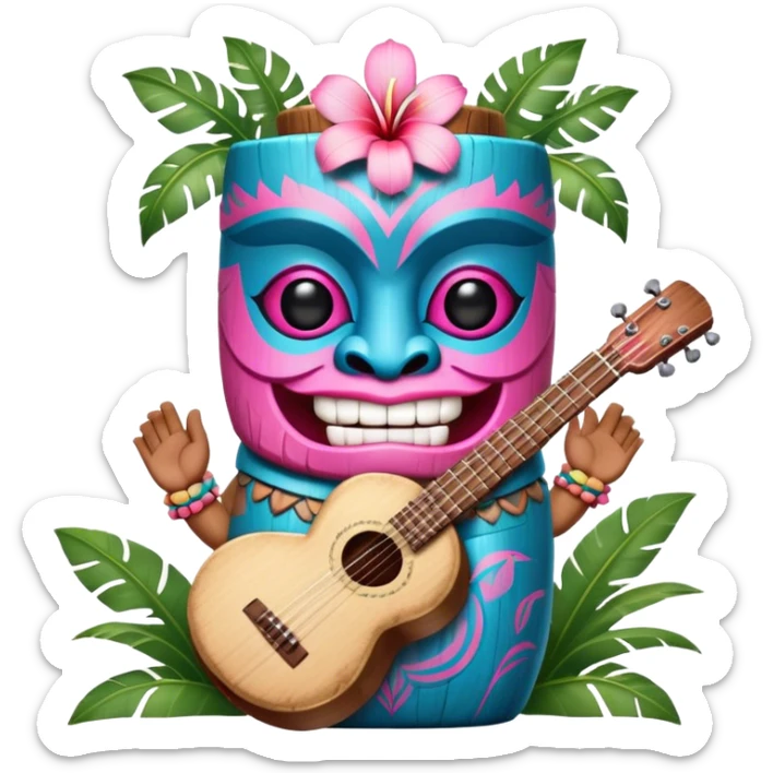 Pixar style little Blue and pink tiki singing with bongos and tropical flowers, ultra detailed and lifelike imagery, realistic sticker