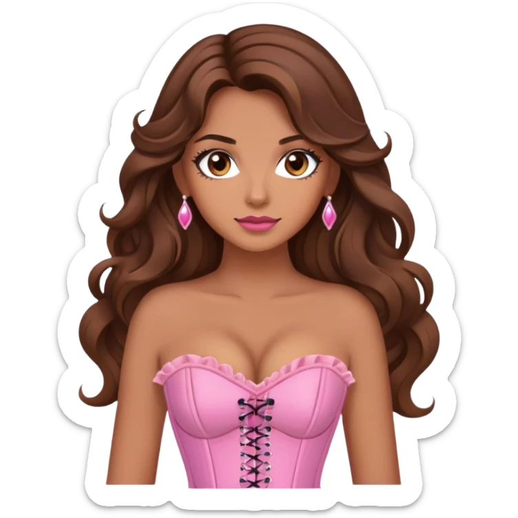 Une femme à la peau mat et aux cheveux long, châtain et ondulé. Elle a les yeux marron et elle est maquiller, elle porte un corset rose.  sticker