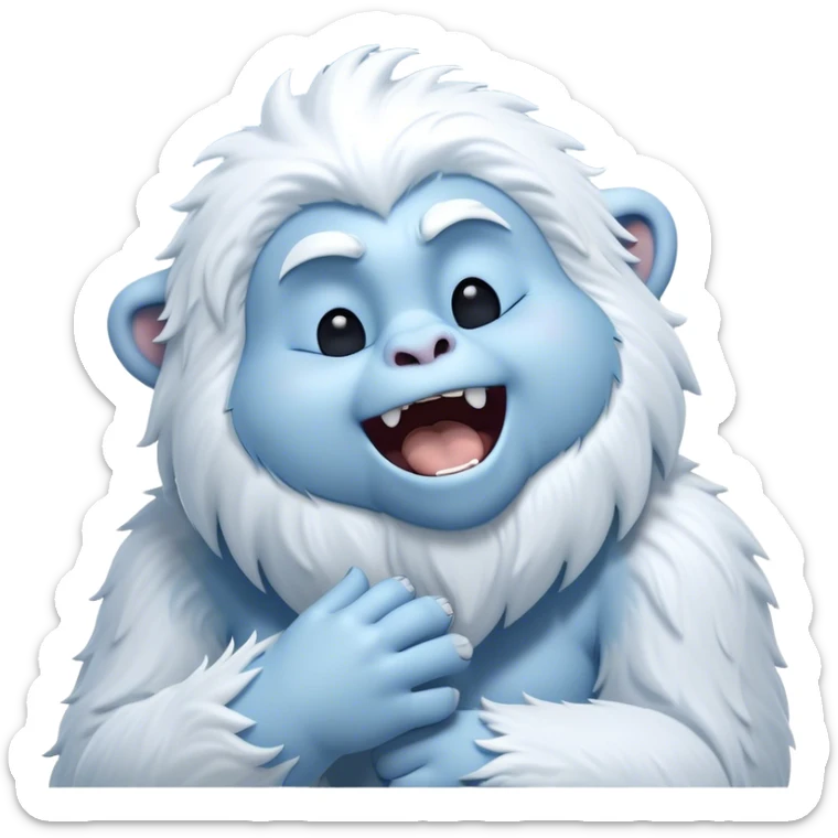 Cinematic Cute Yawning Yeti Portrait Emoji, with a charming, fluffy, snow-dusted figure in gentle whites and cool blues, head tilting back in a wide, endearing yawn with softly closed, peaceful eyes and a content little smile, simplified yet irresistibly adorable, highly detailed with a soft, frosty glow and outline capturing the serene slumber of a yeti! sticker