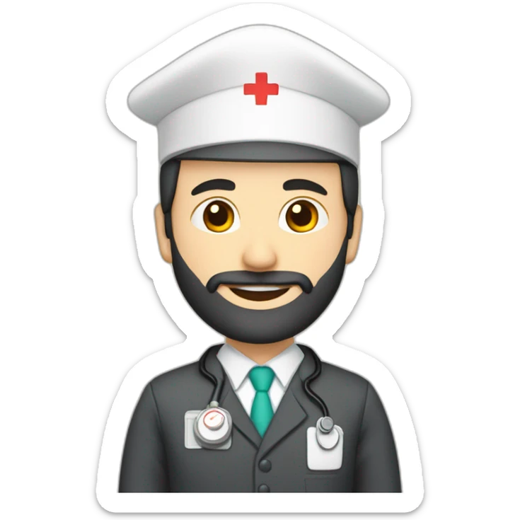 husband middle age trimmed beard dark business suit, with wife asian age 55 dark hair nurse uniform nurse cap sticker