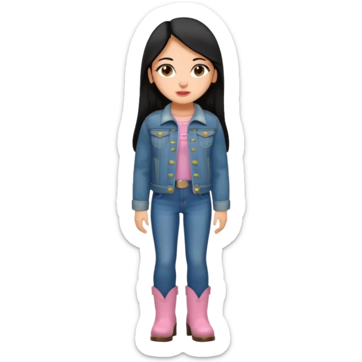 Gordita, ojos pequeños de color cafe oscuro, labios pequeños y rosados, piel trigueña, orejas pequeñas, cabello largo lazio y negro, pequeña. cuerpo completo. vestida con saco de lana jean y botas color café. No le pongas orejas sticker