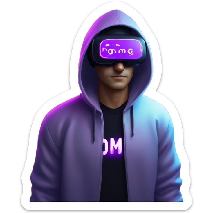 Russian man wearing a black hoodie with "OMG" letters on it and VR headset in a cyberpunk VR environment with violet neon lighting. sticker