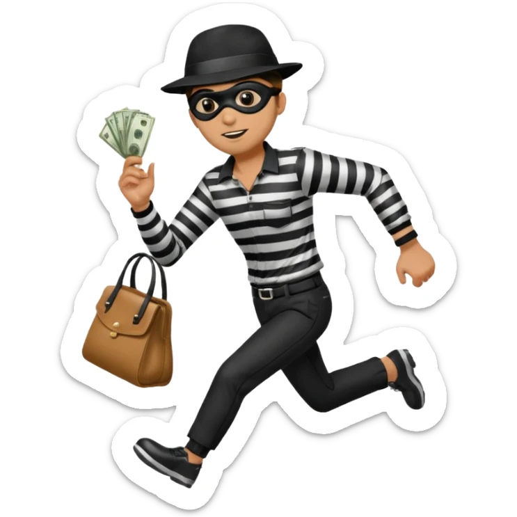 Make a man wear a black pant and he shirt is balck line and white line and wear a black hat and he holding a money bag and he running he wear a black eye thing sticker