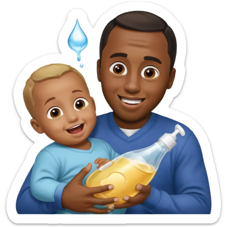 Sean “Diddy” Combs with baby oil and a very small infant and he’s pouring the baby oil on the infant that is laughing with a very exaggerated expression sticker