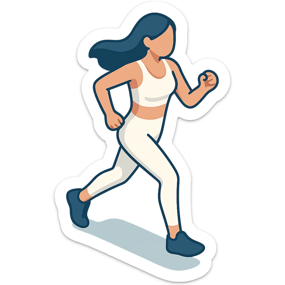 a woman with long dark hair, wearing a white yoga outfit, running in profile side view, 2D isometric illustration style, matching the reference image sticker