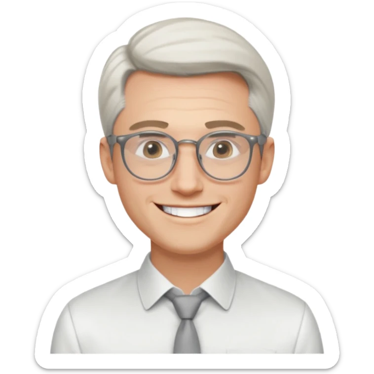 30 yr old pale white man, white/grey side swept stylish hair, round glasses, big smile, white teeth, handsome, longer hair, thin glasses, white dress shirt, smooth forehead, botox, no tie, open collar sticker