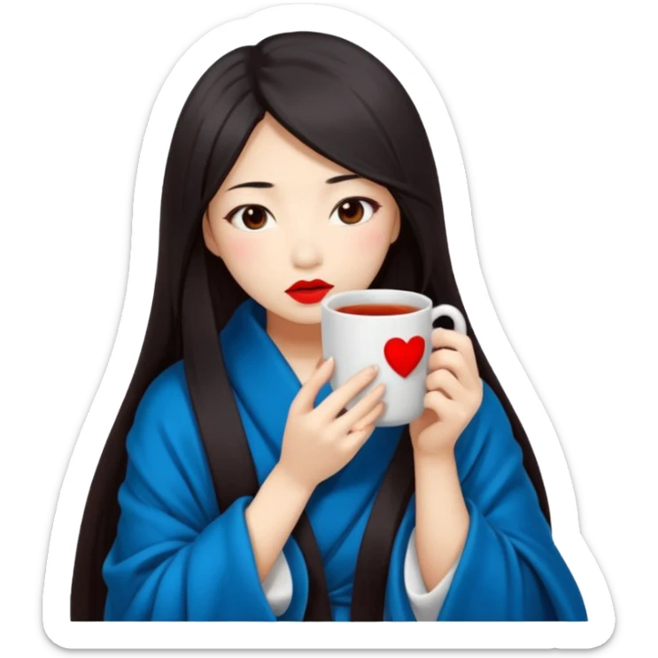 sexy asian japanese girl, red lips, long dark hair, feeling ill, sickness, nose is red due to sickness, fully covered by blanket - even head, holding tea mug in hands sticker