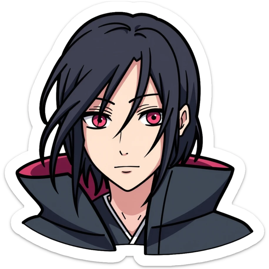 Itachi Uchiha with long black hair, Sharingan eyes, facial lines under his eyes, wearing Akatsuki cloak sticker