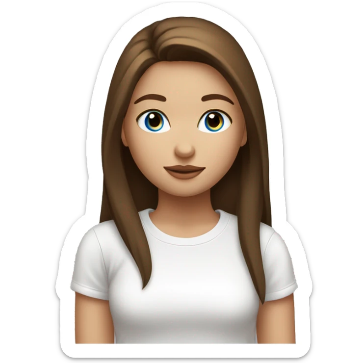 A girl with long straight brown hair and blue eyes and plump lips in a white T-shirt sticker
