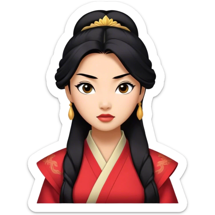 Cinematic Realistic Mulan Portrait, depicted with lifelike skin texture, soft natural lighting, and intricately detailed long black hair styled elegantly. Her deep, expressive eyes exude determination and grace, complemented by a serene yet confident expression. She is dressed in her classic attire, with rich fabric textures and delicate folds that catch the light beautifully. The portrait features a soft, enchanting glow with a natural, radiant finish, capturing the essence of timeless strength and beauty in a realistic and painterly style, evoking a sense of depth and authenticity. sticker