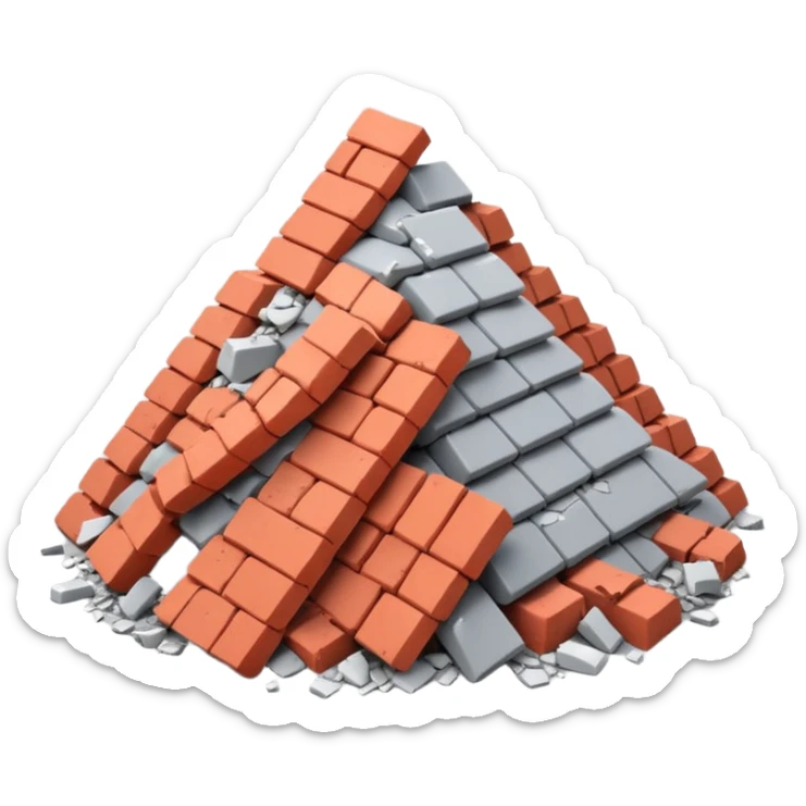 3D iPhone style emoji of a pile of bricks, roof pieces, and wall rubble, scattered and broken, isolated on white background, soft shadows, high detail, playful and cute sticker