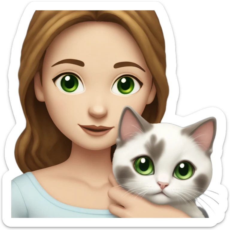 white woman with medium-length brown hair, green eyes and freckles on her nose, holding her birman kitten in her arms with much love, the baby cat has a lot of spots of dark on ears and middle of the face and blue eyes. sticker