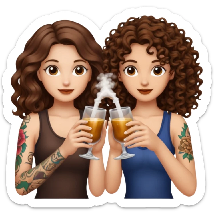 vial cheers — long wavy brown hair tattooed woman and short tight curly brown hair woman — clink potions sticker