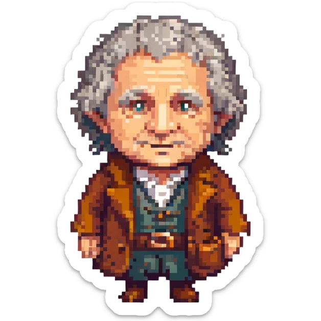 Whole body image of bilbo baggins from the lord of the rings the fellowship of the ring movie in pixel art style. Bilbo is old. Make Bilbo look like the actor that portrayed him in the movie, Ian Holm. sticker