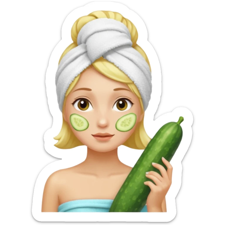 A girl with a spa towel in her hair and a cucumber on her face sticker