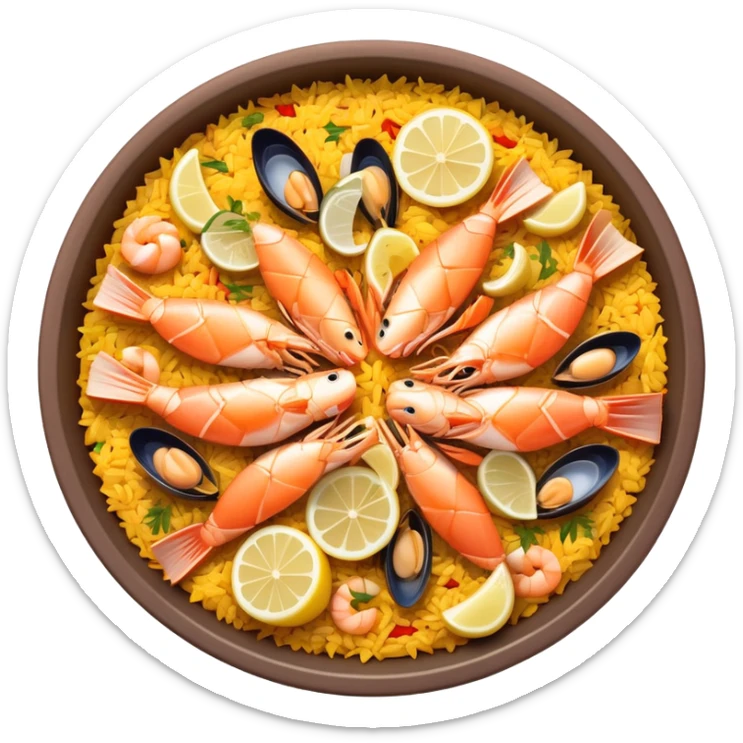 cinematic-realistic-paella-dish-emoji,-depicted-as-a-vibrant,-aromatic-rice-dish-loaded-with-seafood,-chicken,-and-saffron-rendered-with-rich-textures-and-dynamic,-warm-lighting with a lemon slice in the middle sticker