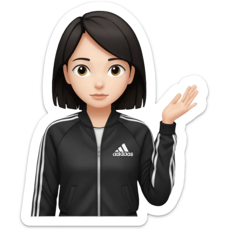 A girl with  medium-length, dark hair, fair skin. The style is a soft, layered cut that falls around her shoulders. wore black Adidas track jacket with white stripes on the sleeves. It has a full zipper down the front, a stand-up collar, and the Adidas logo on the right chest emoji sticker