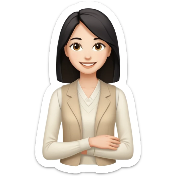 A woman with light to medium-toned skin, black shoulder-length straight hair, almond-shaped eyes, joyful smile, wearing a white long-sleeve top and a light beige sleeveless open-front vest, exuding warmth and elegance. sticker