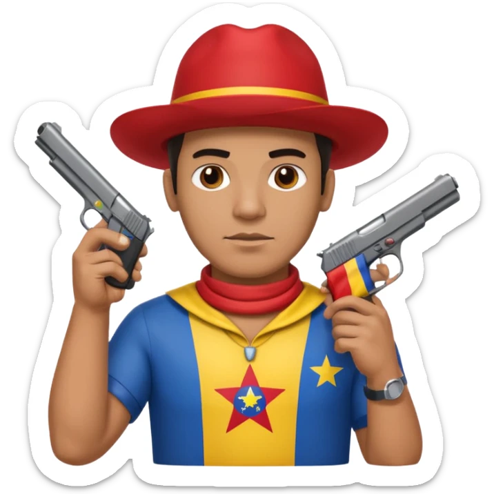 A Venezuelan with the Venezuela flag around his neck holding a gun tap sticker