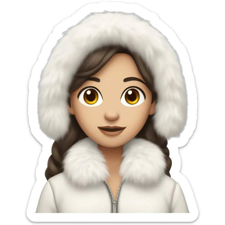 brunette girl with long hair with a light  skin color and light grey eyes wearing fluffy white ear muffs and a white fur coat  sticker