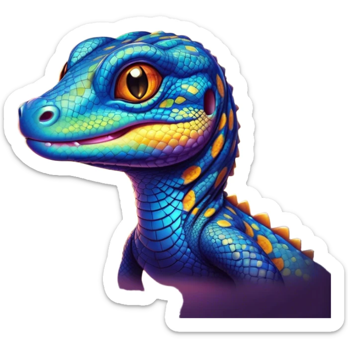 Cinematic Cute Monitor Lizard Portrait Emoji, Head tilted playfully and inquisitively, with a sleek, patterned body accented by vibrant hues and round, sparkling eyes full of wonder, Simplified yet irresistibly adorable features, highly detailed, glowing with a warm, friendly glow, high shine, affectionate and lively, stylized with a touch of exotic charm, bright and endearing, soft glowing outline, capturing the essence of a mischievous yet captivating lizard that seems as if it could scuttle out of the screen into your arms! sticker
