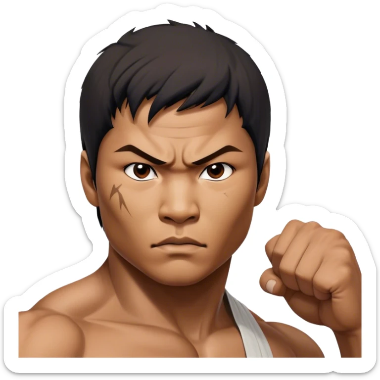 ​Cinematic Realistic Portrait of Tony Jaa, a close-up depiction capturing his intense, determined expression and finely detailed features, rendered with dramatic natural lighting that emphasizes his rugged athleticism and unmistakable martial arts presence, sticker