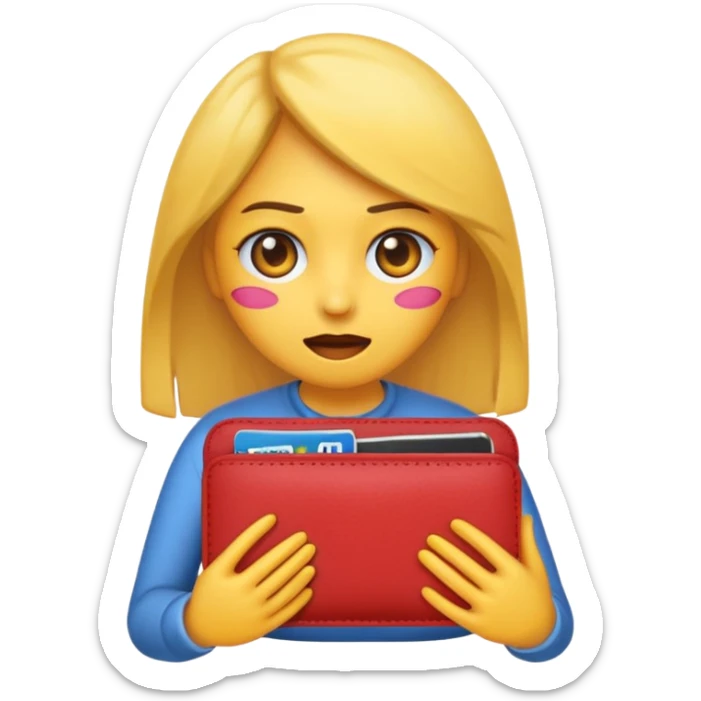 Emoji de chica muy desesperada, llorando, con ojos grandes y lágrimas, sosteniendo una billetera vacía al revés, estilo emoji minimalista, dramatismo exagerado, fondo transparente. sticker