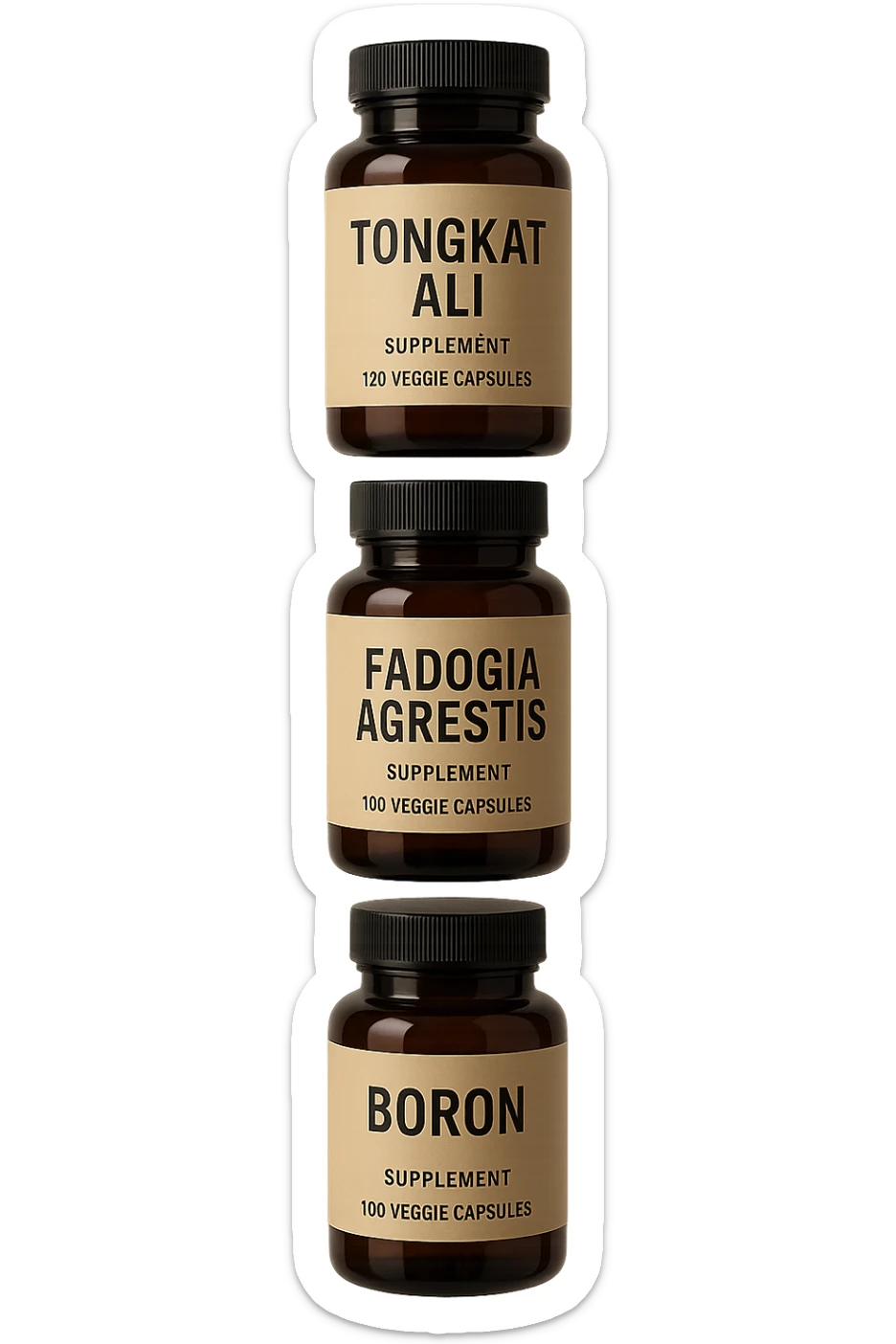 4 boccette di integratore: Tongkat Ali, Fadogia Agrestis, Boron e Zinco fluttuano in aria verticalmente sticker