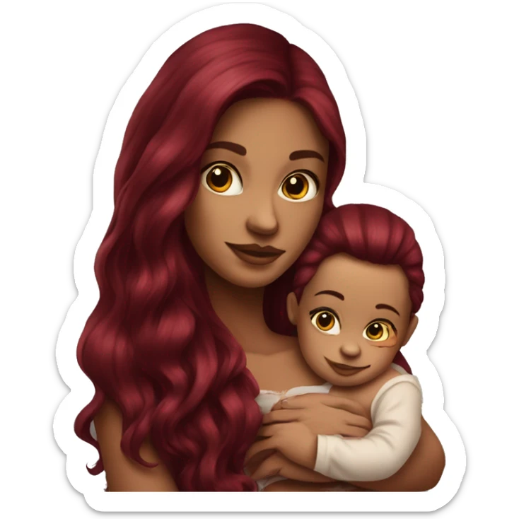 Beautiful tattooed burgundy long haired woman holding a baby sticker