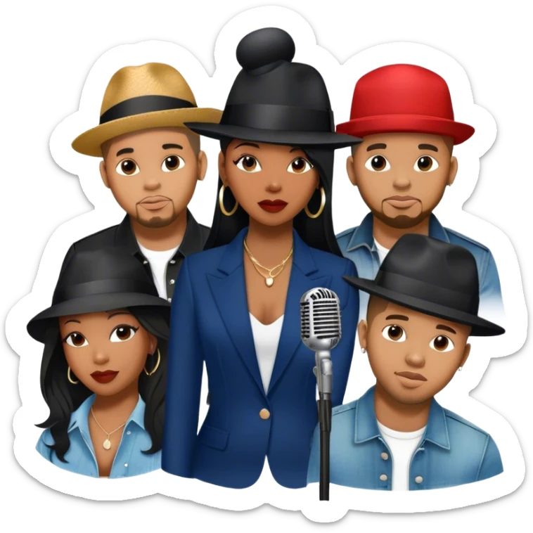 Icon for R&B Music: collage of R&B artists—Victoria Monét, Summer Walker, Usher, Chris Brown, and Muni Long. Each represented by a silhouette or symbolic item like a microphone, fedora, or music notes, reflecting the soul and energy of R&B. Transparent background. sticker