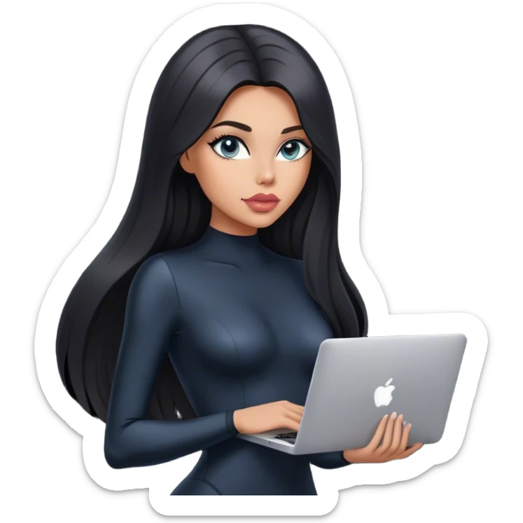 Glamours, tanned, very beautiful girl, with big pump peach-beige-rose lips, black straight smooth silky long hair, straight parting, blue-grey eyes, in black bodysuit holding MacBook sticker