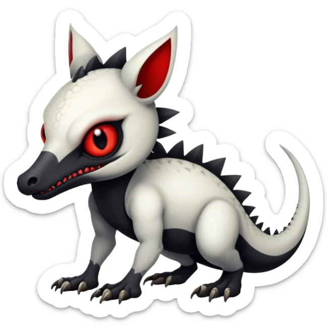 a white exotic edgy vernid-fionbri-creature, with black belly and red eyes, full body sticker