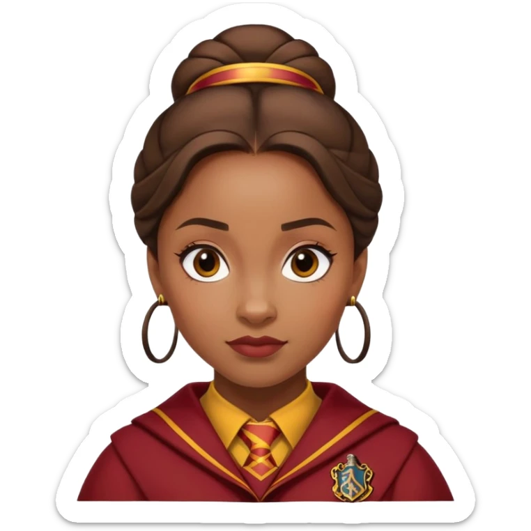 Angelina Johnson in harry potter, wear hogwarts gryfindor uniform,  thick, brown bun hair , reflecting her bold, stylish, and strong personality sticker
