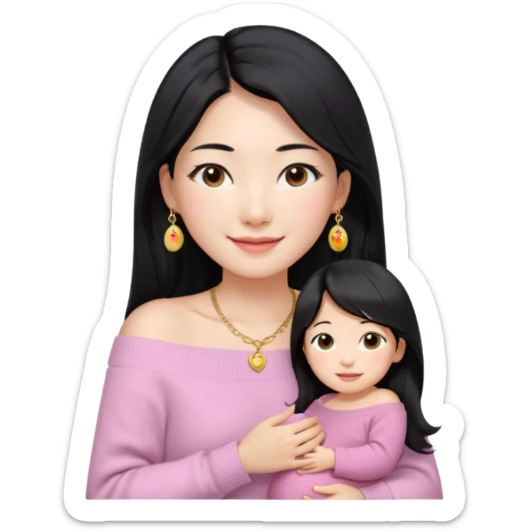 South Korean girl in her mid-thirties with long black hair and a middle part. She is wearing a baby pink, off the shoulder long sleeve knit sweater. She has small gold earrings and a gold necklace. She has brown eyes with narrow, mono lid shape and smiling with lips together sticker