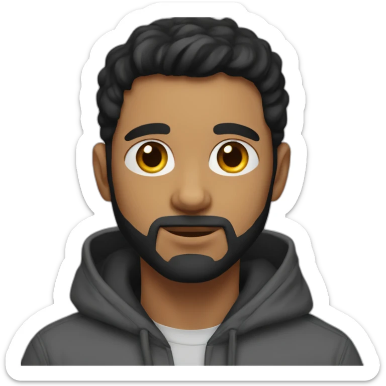 man with short beard hazel eyes and black hair wearing hoodie with cat on lap sticker