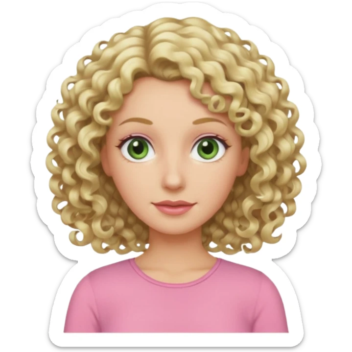 a woman in her late 40s and has greyish greenish eyes and blonde curly hair wearing a pink top sticker