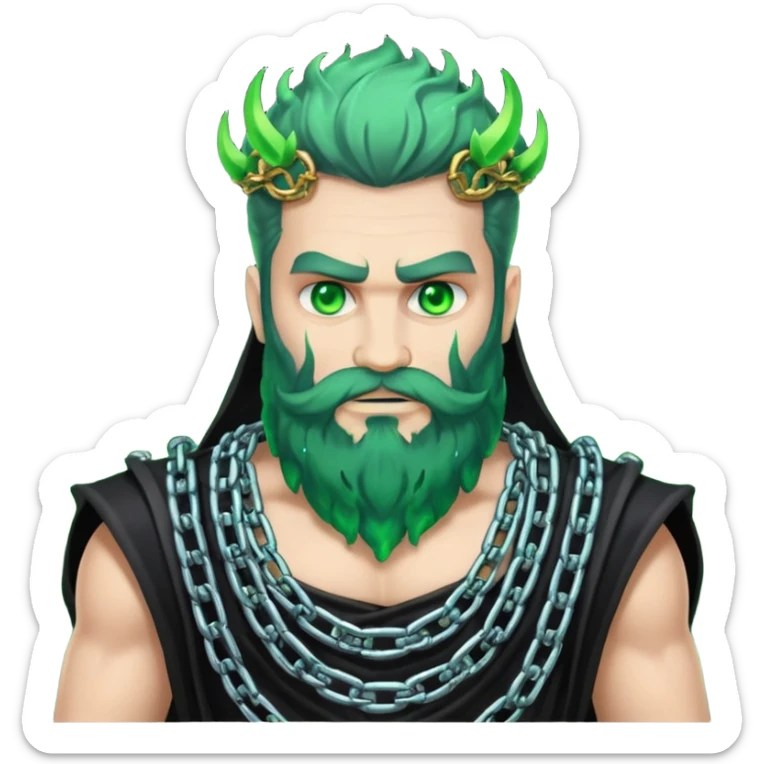 hades greek god with green flames and beard with chains on his arms and neck sticker