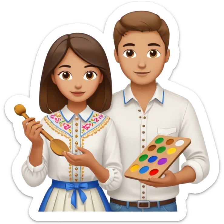 a guy in a white Ukrainian embroidered shirt and a girl in a white Ukrainian embroidered shirt, holding music and a paint palette sticker