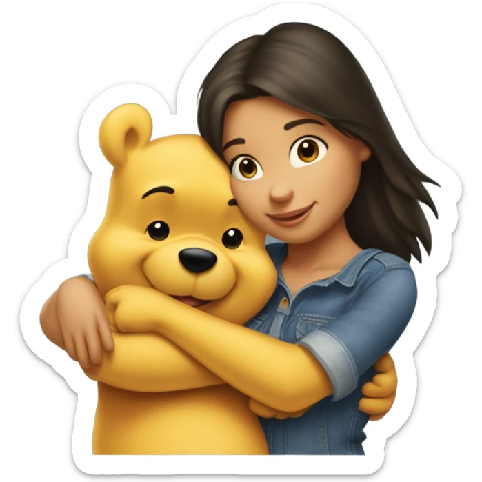 Winne the Pooh hugging pretty brunette girl wearing jeans sticker