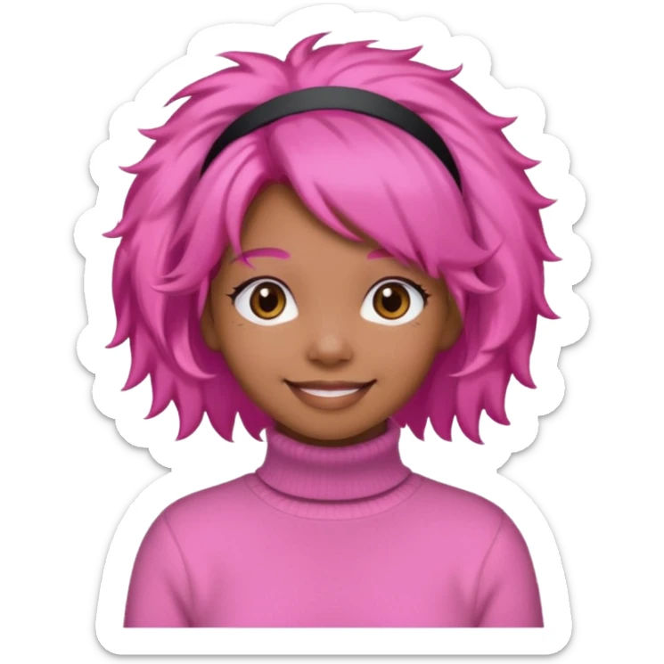 black fluffy haired girl with pink turtleneck sweater and pink hair band sticker