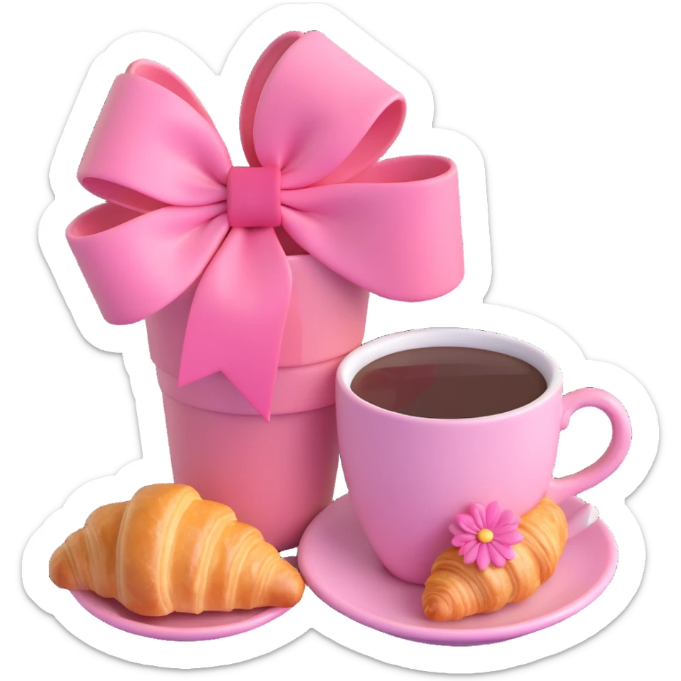 A pink cup of coffee with a flower on top and a pink bow, next to a croissant, in a warm, cozy setting. sticker