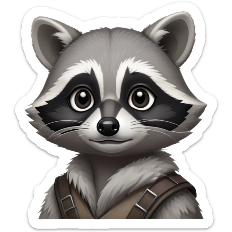 Cinematic-Noble-Raccoon-Portrait-Emoji – Poised and confident, with a sturdy build and a beautifully textured fur of silver-grey accented by dark black facial markings, deep-set, large big black eyes revealing no white, simplified yet sharp and sophisticated zoom out to show shoulders sticker