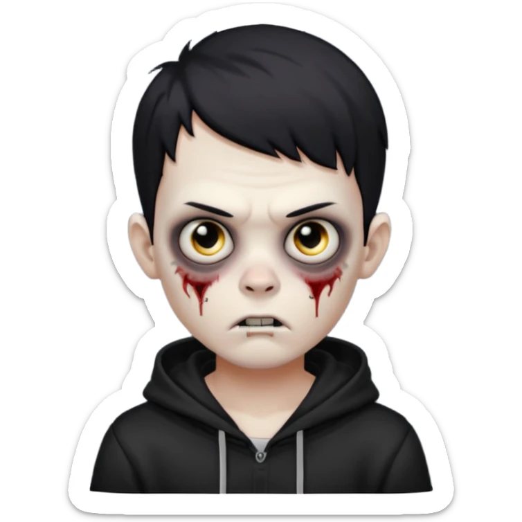 Zombie boy with the short black hair, pale-white skin, black eyes, little fangs and dark circles under his eyes. He has serious face and he wear a black hoodie sticker