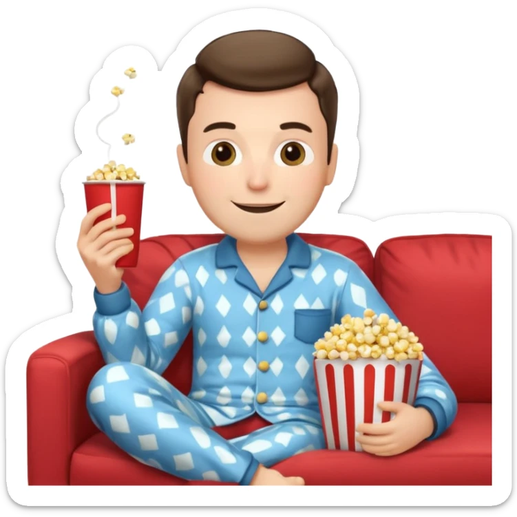 male memoji, lazy man in pajamas, lying on couch, holding TV remote, relaxed face, casual home vibe, popcorn bucket sticker