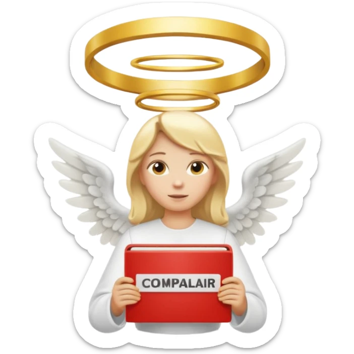 "An angel emoji with blonde hair, a halo, wings, holding a 'COMPARTILHAR' sign in bold letters." sticker