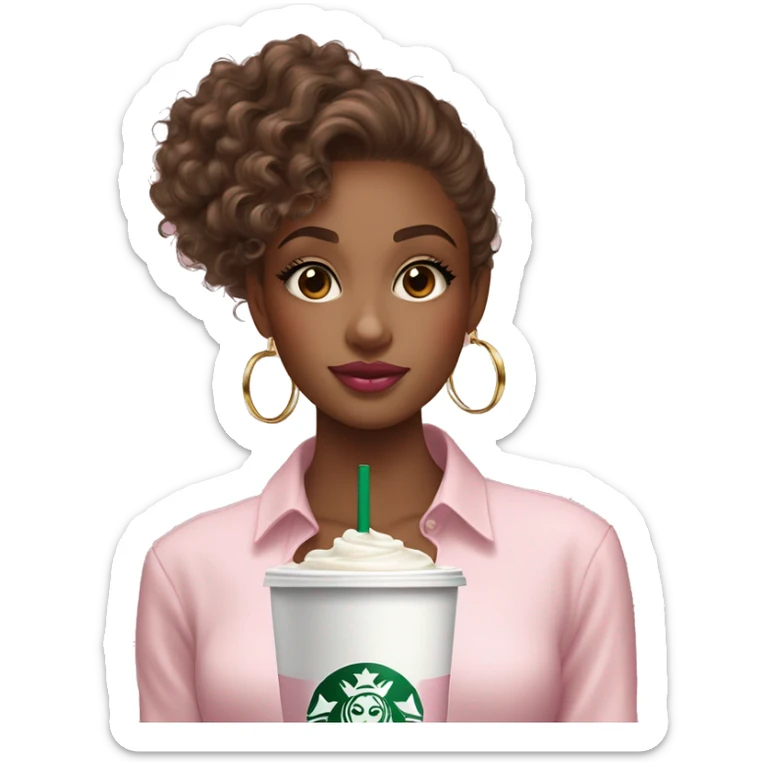 A tan girl with curly hair brown eyes long lashes pink glossy lips in a a white square line shirt a  small gold hoop earrings holding a Starbucks pink drink sticker