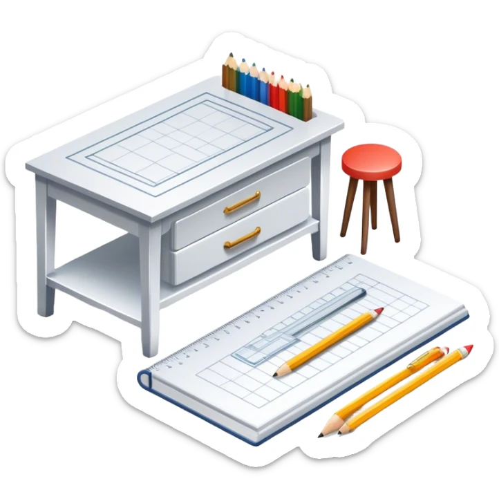 Icon for Furniture Design: a furniture drawing with 3D models of furniture pieces placed on top, accompanied by rulers and a pencil. The icon should represent the design process with focus on precision and modeling. Transparent background. sticker